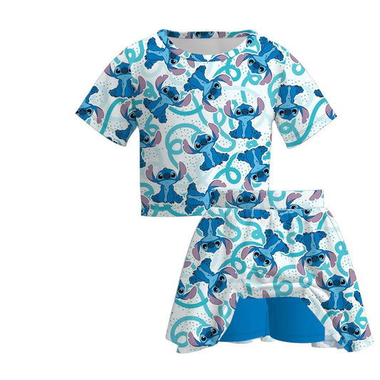 (Custom Design Preorder MOQ 5) Cartoon Stitc* Top Skirts Shorts Girls Summer Clothes Set