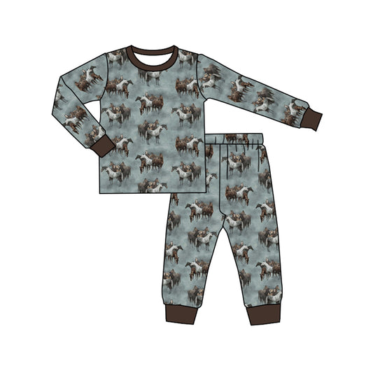 (Custom Design Preorder MOQ 5) Horse Gray Print Boys Fall Bamboo Pajamas Clothes Set