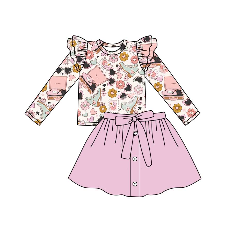 (Custom Design Preorder MOQ 5) Roller Skates Flowers Heart Top Pink Skirts Girls Valentine's Day Clothes Set