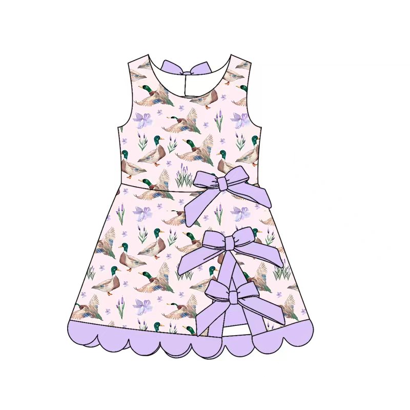 2026.1.20 (Custom Design Preorder MOQ 5) Duck Bows Print Girls Summer Knee Length Dress Sisters Wear