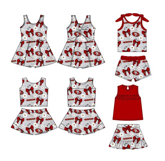 (Custom Design Preorder MOQ 5 Each Design) Team's SF Bows Print Girls Summer Matching Clothes Sisters Wear