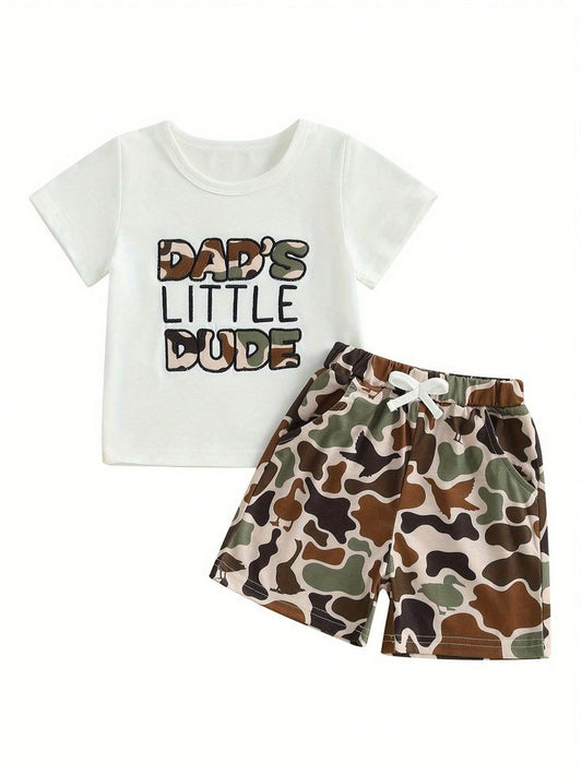 (Custom Design Preorder MOQ 5) DAD'S LITTLE DUDE Top Camo Shorts Boys Summer Clothes Set