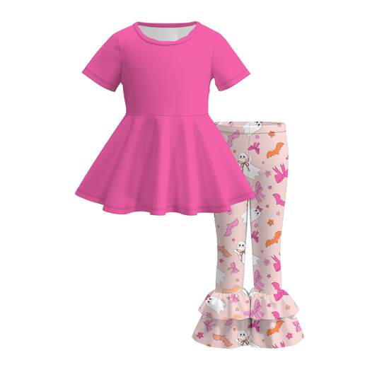 (Custom Design Preorder MOQ 5)  Hotpink Tunic Top Ghost Bows Ruffle Pants Girls Halloween Clothes Set