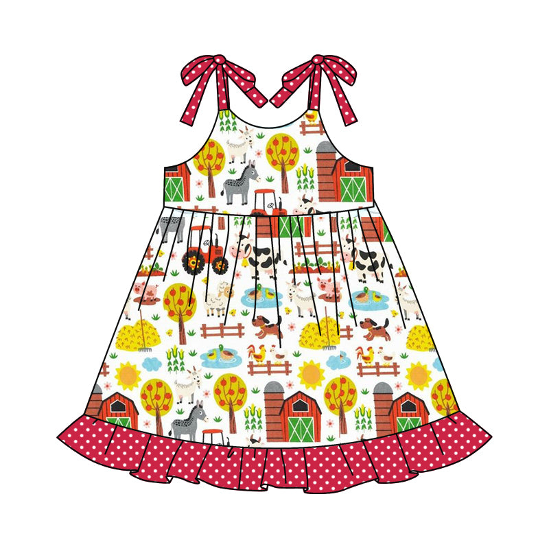 (Custom Design Preorder MOQ 5) Farm Animals Print Girls Knee Length Summer Dress