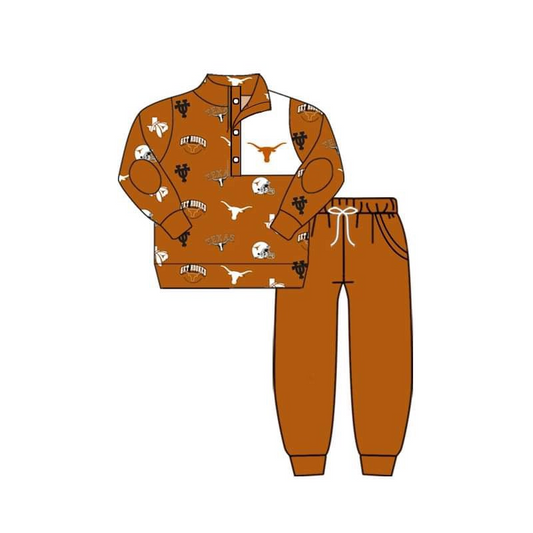 (Custom Design MOQ 5) Brown Football Team's print button pullover shirts pants boys fall clothes set