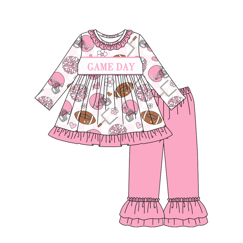 (Custom Design Preorder MOQ 5 Each Design) Game Day Cheer Pink Print Girls Matching Clothes Sisters Wear