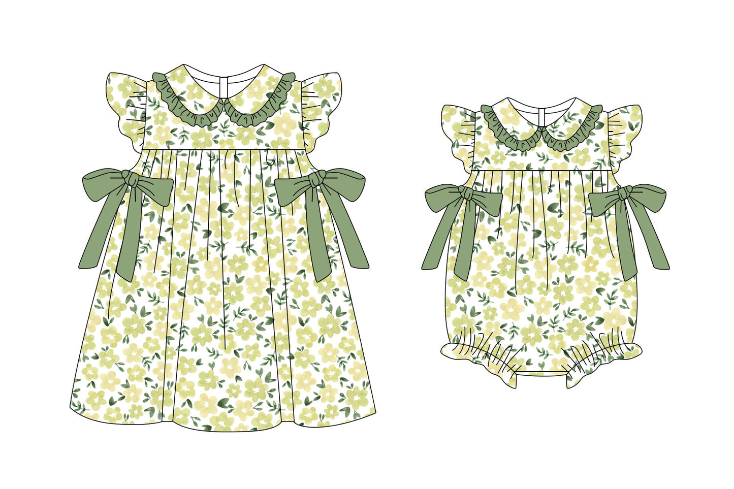 11.6(Custom Design Preorder MOQ 5 Each Design) Green Flowers Print Girls Summer Matching Clothes Sisters Wear