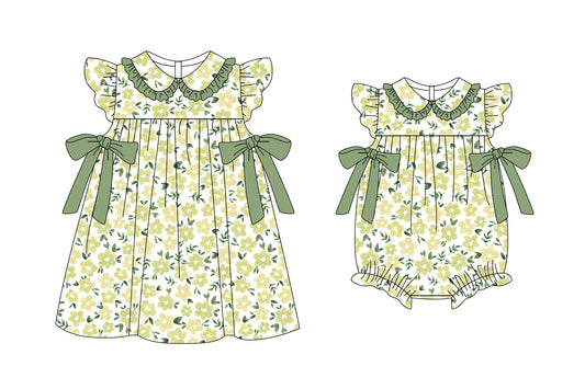 11.6(Custom Design Preorder MOQ 5 Each Design) Green Flowers Print Girls Summer Matching Clothes Sisters Wear