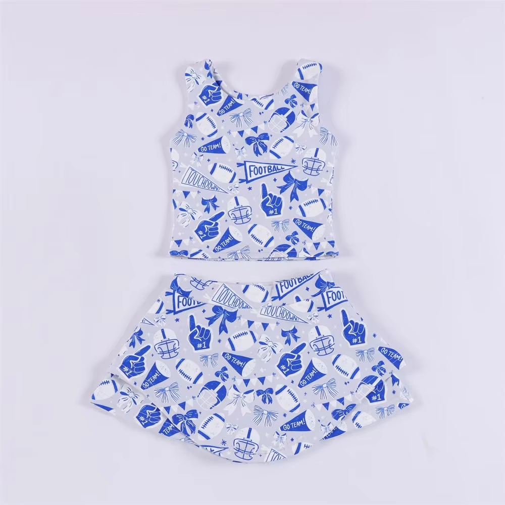 (Custom Design Preorder MOQ 5) Team's Cheer Blue Print Shorts Skirts Girls Summer Yoga Clothes Set