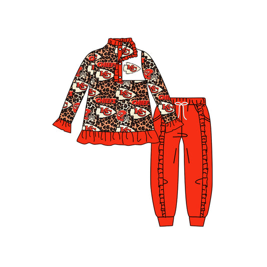 (Custom Design Preorder MOQ 5) Team's KC Leopard Top Red Pants Girls Fall Clothes Set