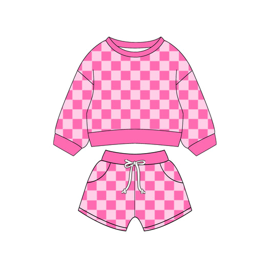 (Custom Design Preorder MOQ 5) Hotpink Plaid Long Sleeve Top Pockets Shorts Girls Clothes Set