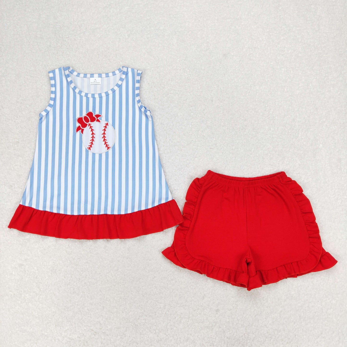 Baseball Embroidery Blue Stripes Print Sibling Summer Matching Clothes