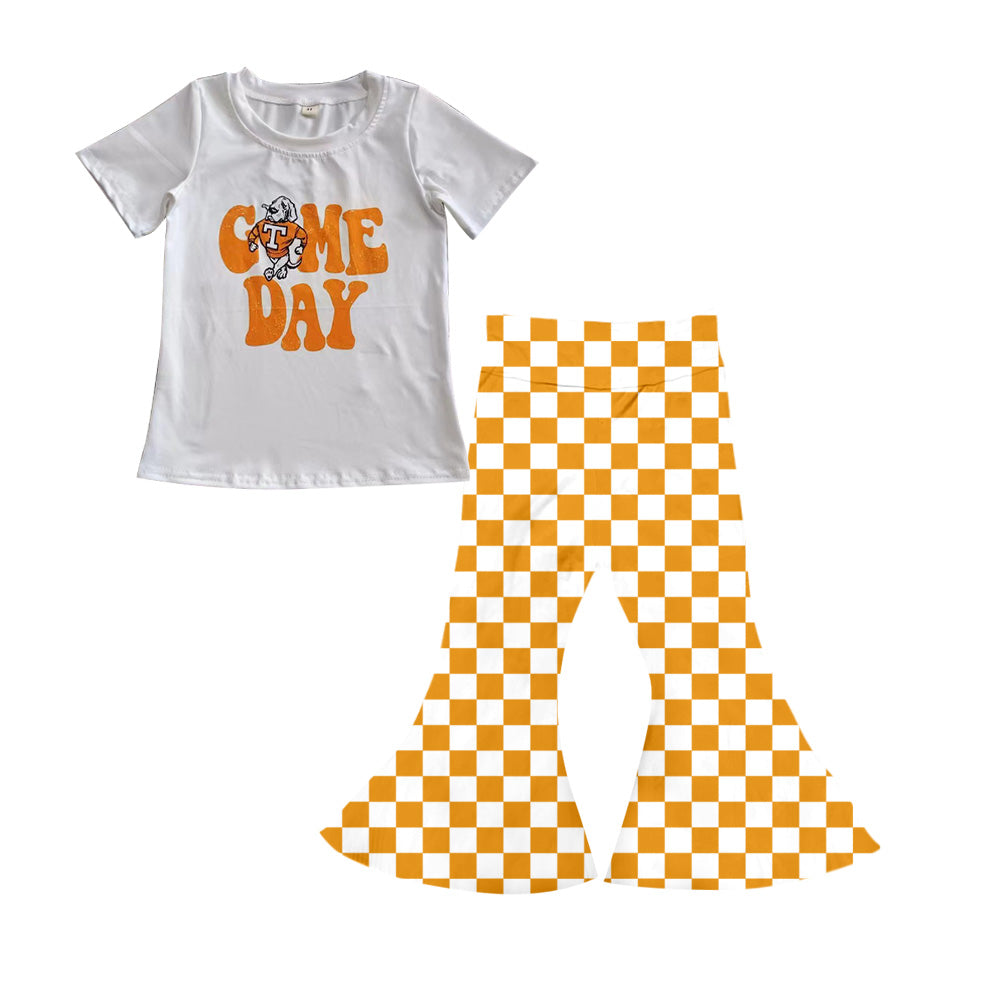 (Custom Design Preorder MOQ 5) Team's Tennessee Game Day Top Plaid Bell Pants Girls Clothes Set