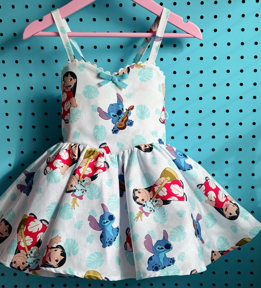 (Custom Design Preorder MOQ 5) Cartoon Figure Blue Animals Print Girls Knee Length Summer Dress