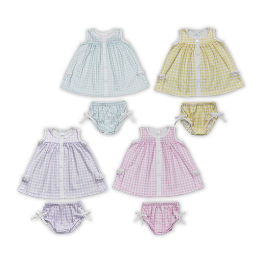4 Colors Plaid Print Baby Girls Summer Bummie Set Sisters Wear
