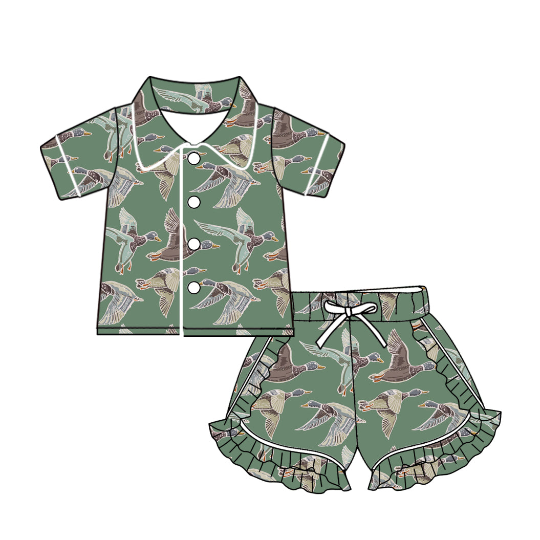 (Custom Design Preorder MOQ 5) Duck Green Print Girls Summer Pajamas Clothes Set