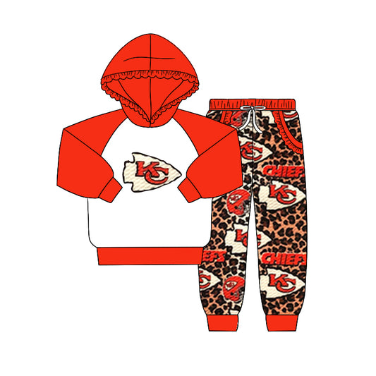 (Custom Design Preorder MOQ 5) Team's KC Red Hoodie Top Pockets Leopard Pants Girls Fall Clothes Set