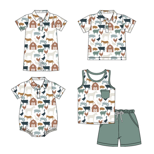 3.10(Custom Design Preorder MOQ 5 Each Design) Farm Animals Print Boys Summer Matching Clothes Brothers Wear