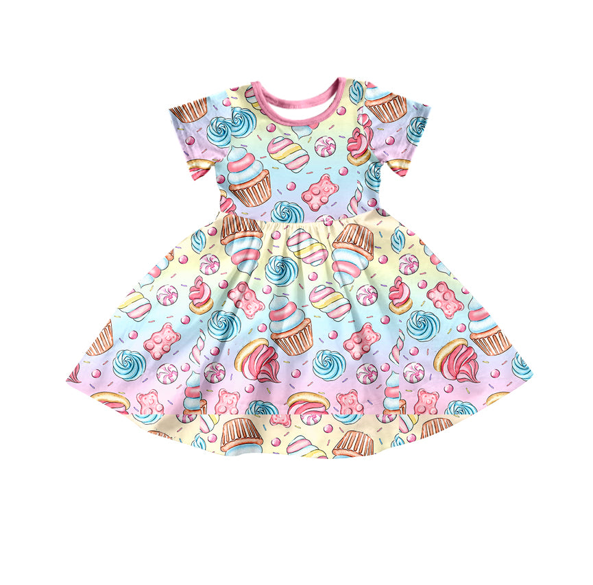 (Custom Design Preorder MOQ 5) Candy Cupcake Print Girls Knee Length Dress