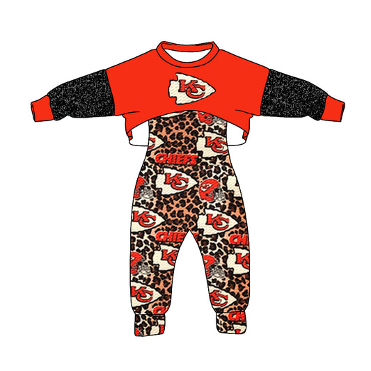 (Custom Design Preorder MOQ 5) Red Top Team's KC Leopard Jumpsuits Girls Fall Clothes Set