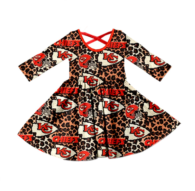 (Custom Design Preorder MOQ 5)  Team's KC Leopard Print Girls Fall Knee Length Dress