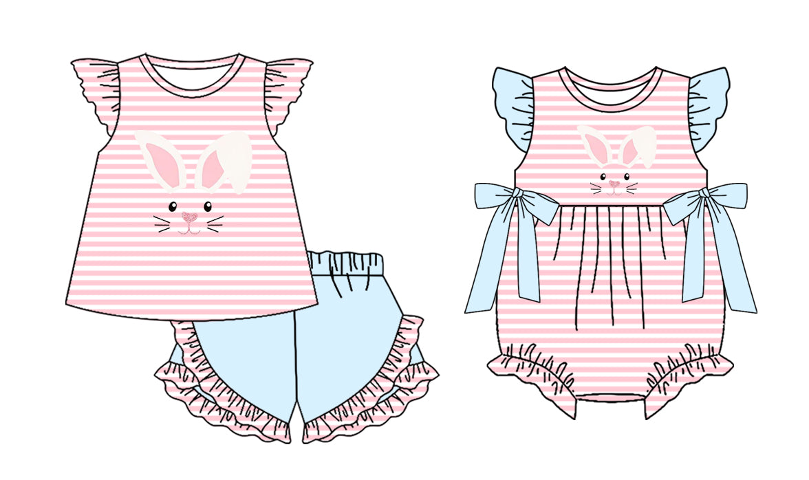 12.22 (Custom Design Preorder MOQ 5 Each Design) Bunny Pink Stripes Print Girls Easter Matching Clothes Sisters Wear