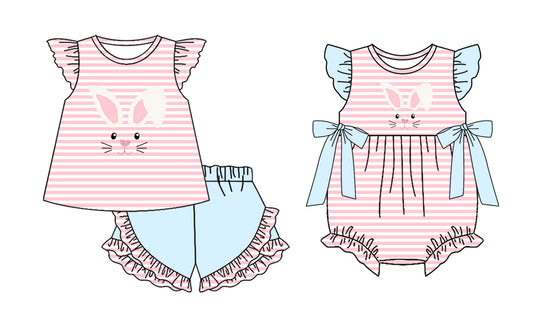 12.22 (Custom Design Preorder MOQ 5 Each Design) Bunny Pink Stripes Print Girls Easter Matching Clothes Sisters Wear
