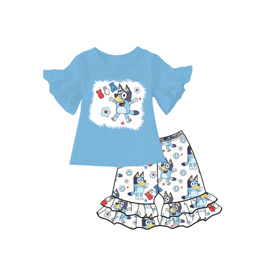 (Custom Design Preorder MOQ 5) Cartoon Dog Flag Blue Top Ruffle Shorts Girls 4th of July Clothes Set