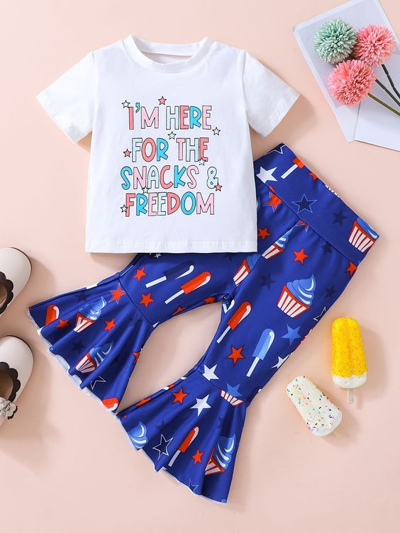 (Custom Design Preorder MOQ 5)  I'm Here Top Stars Bell Pants Girls 4th of July Clothes Set