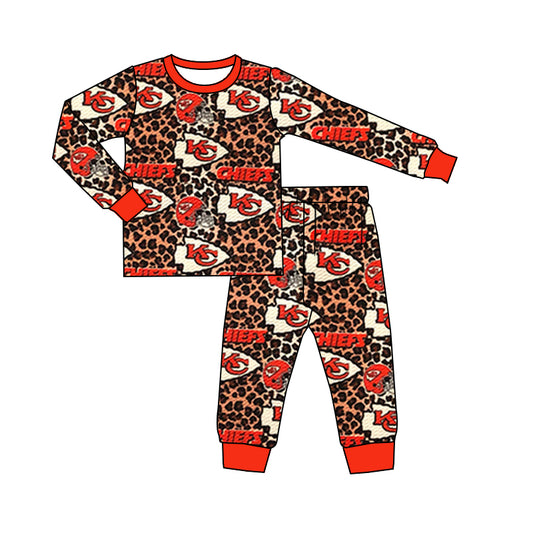 (Custom Design Preorder MOQ 5) Team's KC Leopard Print Girls Fall Pajamas Clothes Set