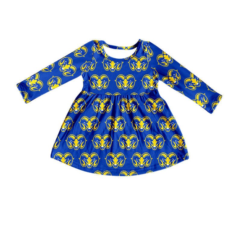 (Custom Design Preorder MOQ 5)  Team's Blue Goat Print Girls Knee Length Fall Dress