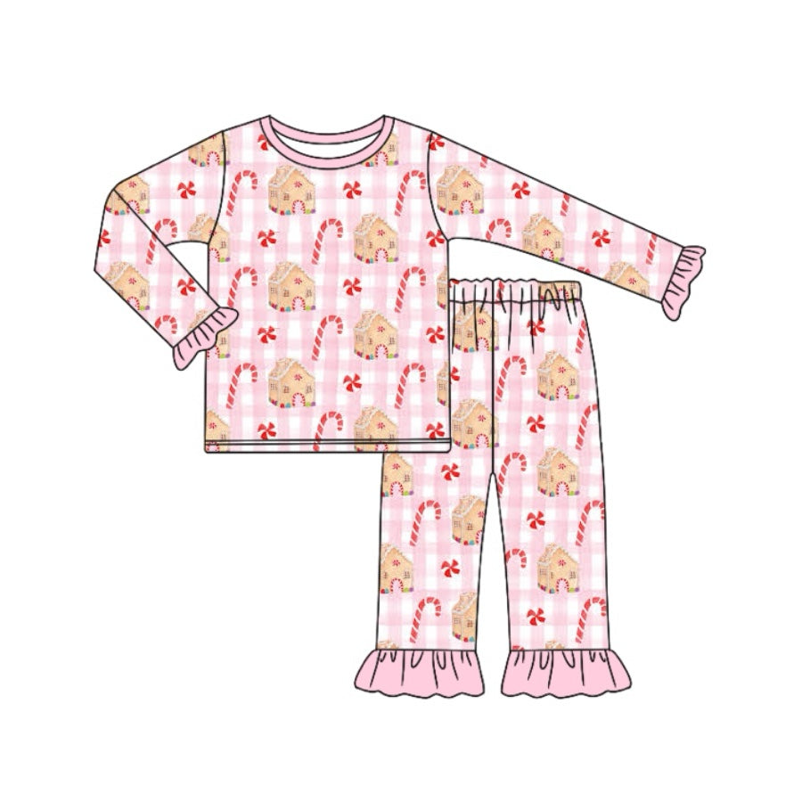 (Custom Design Preorder MOQ 5) Candy House Print Girls Christmas Bamboo Pajamas Clothes Set