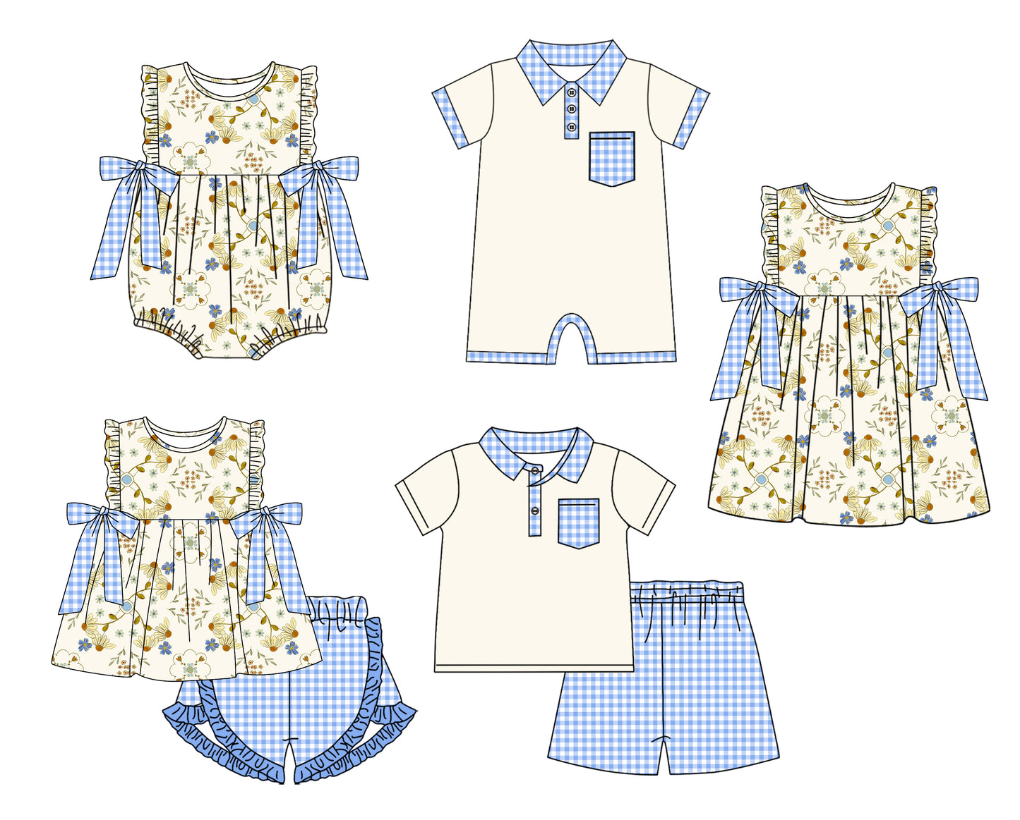 11.22(Custom Design Preorder MOQ 5 Each Design) Flowers Blue Plaid Print Kids Summer Matching Clothes Sibling Wear