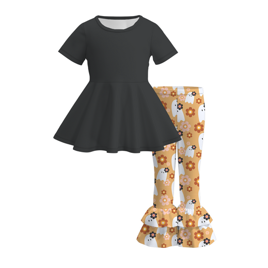 (Custom Design Preorder MOQ 5)  Black Tunic Top Ghost Ruffle Pants Girls Halloween Clothes Set