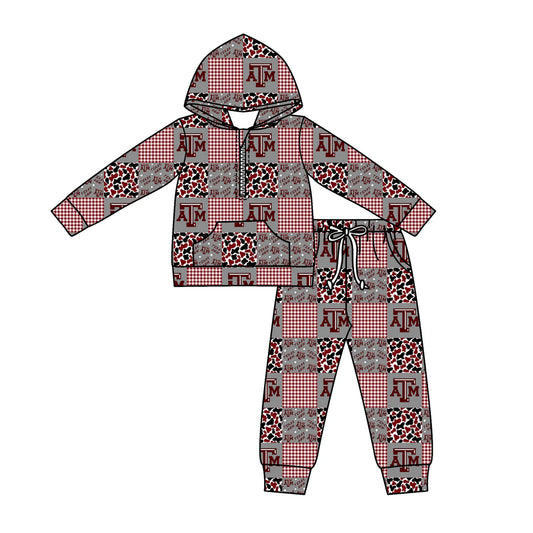 (Custom Design Preorder MOQ 5) Team's Texas A&M Plaid Print Zipper Hoodie Top Pockets Pants Kids Fall Clothes Set