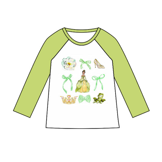 (Custom Design Preorder MOQ 5) Cartoon Princess Green Print Girls Tee Shirts Top