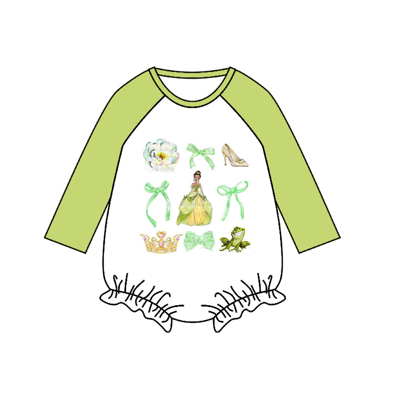 (Custom Design Preorder MOQ 5) Cartoon Princess Green Print Baby Girls Romper