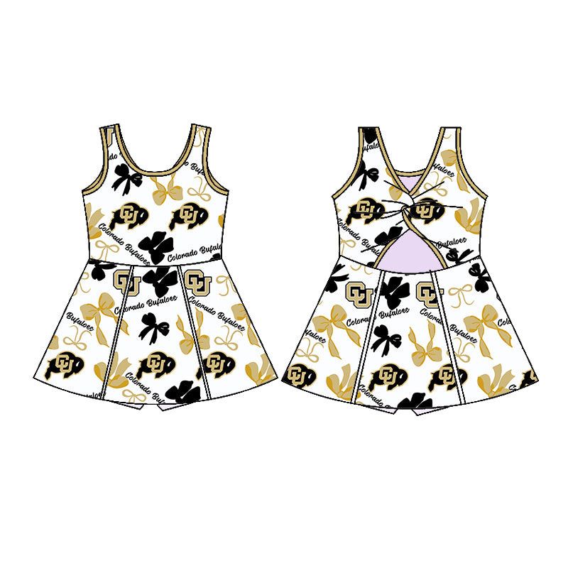(Custom Design Preorder MOQ 5 Each Color) Team's Colorado Bufaloes Bows Print Girls Summer Clothes Sisters Matching Wear