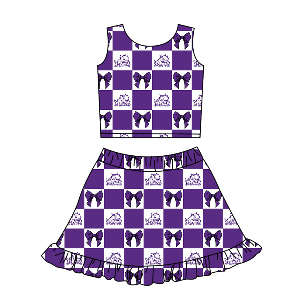 (Custom Design Preorder MOQ 5 Each Color) Team's TCU Horned Frogs Bows Plaid Print Girls Summer Clothes Sisters Matching Wear