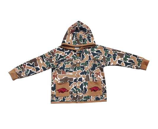 (Custom Design Preorder MOQ 5 Each Item) Team's Arkansas Brown Camo Print Pockets Buttons Kids Fall Hoodie Jackets Top Mom and Me Matching Clothes