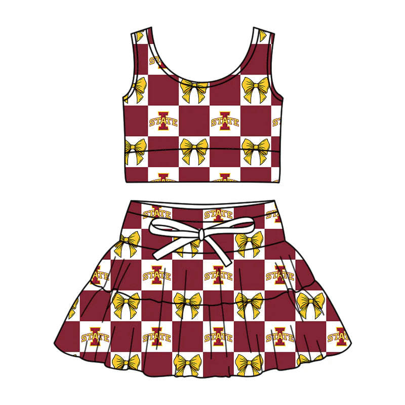 (Custom Design Preorder MOQ 5 Each Color) Team's Iowa State Cyclones Bows Plaid Print Girls Summer Clothes Sisters Matching Wear