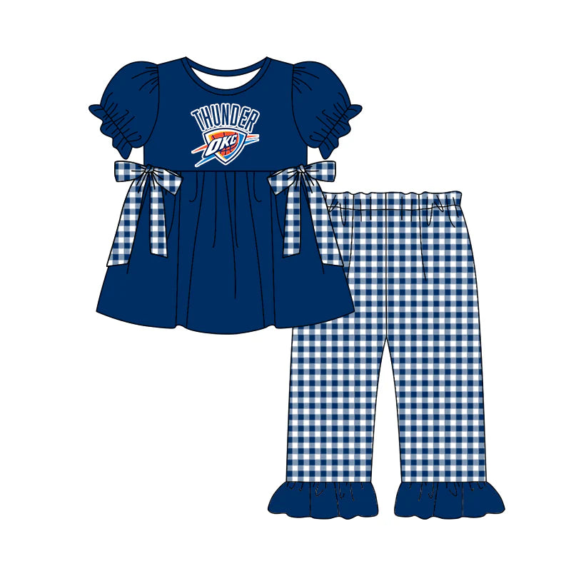 (Custom Design Preorder MOQ 5)  Team's THUNDER Tunic Top Plaid Pants Girls Clothes Set