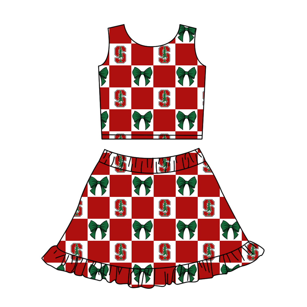 (Custom Design Preorder MOQ 5 Each Color) Team's Stanford Cardinal Bows Plaid Print Girls Summer Clothes Sisters Matching Wear