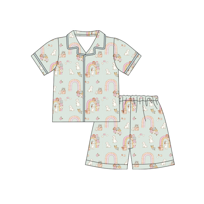 12.10 (Custom Design Preorder MOQ 5) Bunny Flowers Rainbow Print Girls Easter Buttons Pajamas Clothes Set