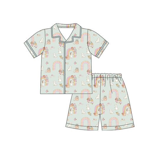 12.10 (Custom Design Preorder MOQ 5) Bunny Flowers Rainbow Print Girls Easter Buttons Pajamas Clothes Set