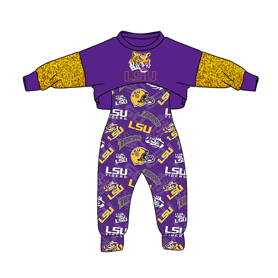 (Custom Design MOQ 5)  NO.13 Purple Football Team's Print Girls Jumpsuits Clothes Set