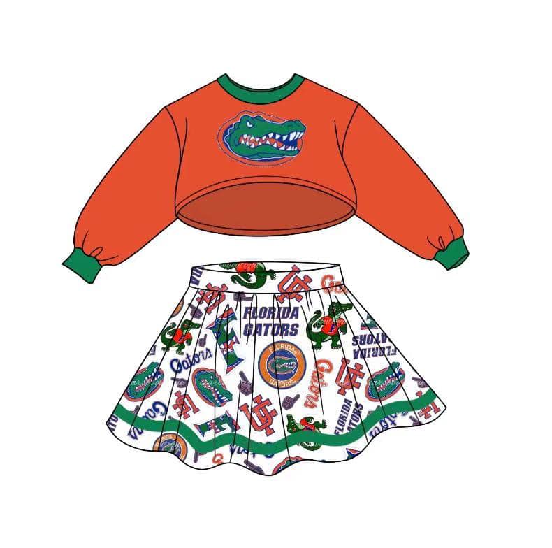 (Custom Design MOQ 5) Orange Long Sleeve Top Leopard Skirts Girls Football Team's Clothes Set