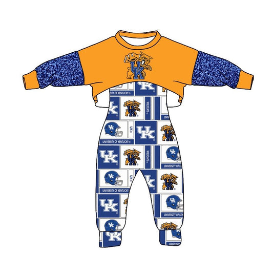 (Custom Design MOQ 5)  Blue UK Football Team's Girls Jumpsuits Clothes Set