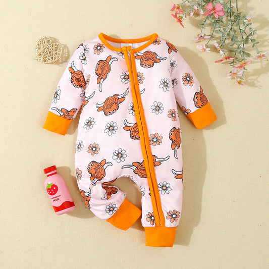 (Custom Design Preorder MOQ 5)  Highland Cow Print Baby Girls Bamboo Sleeper Zipper Romper