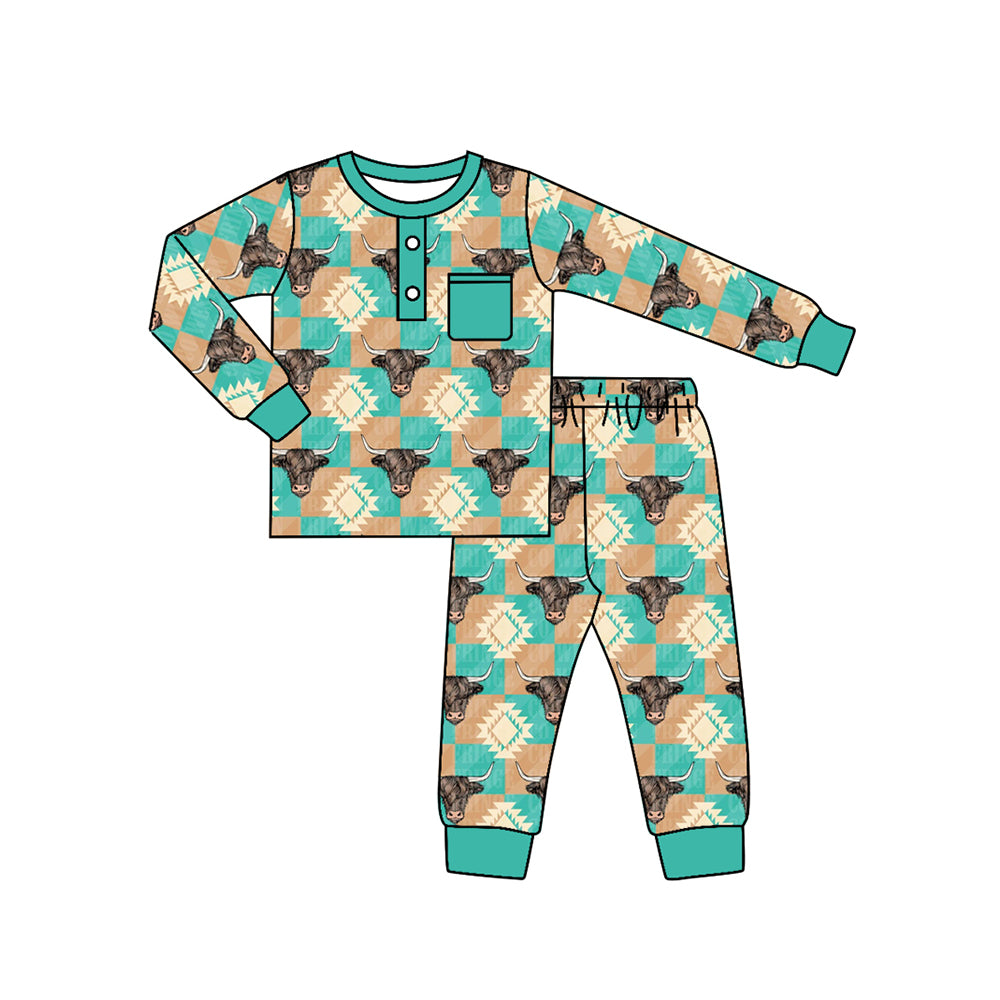 (Custom Design Preorder MOQ 5)  Green Highland Cow Aztec Print Boys Pajamas Clothes Set